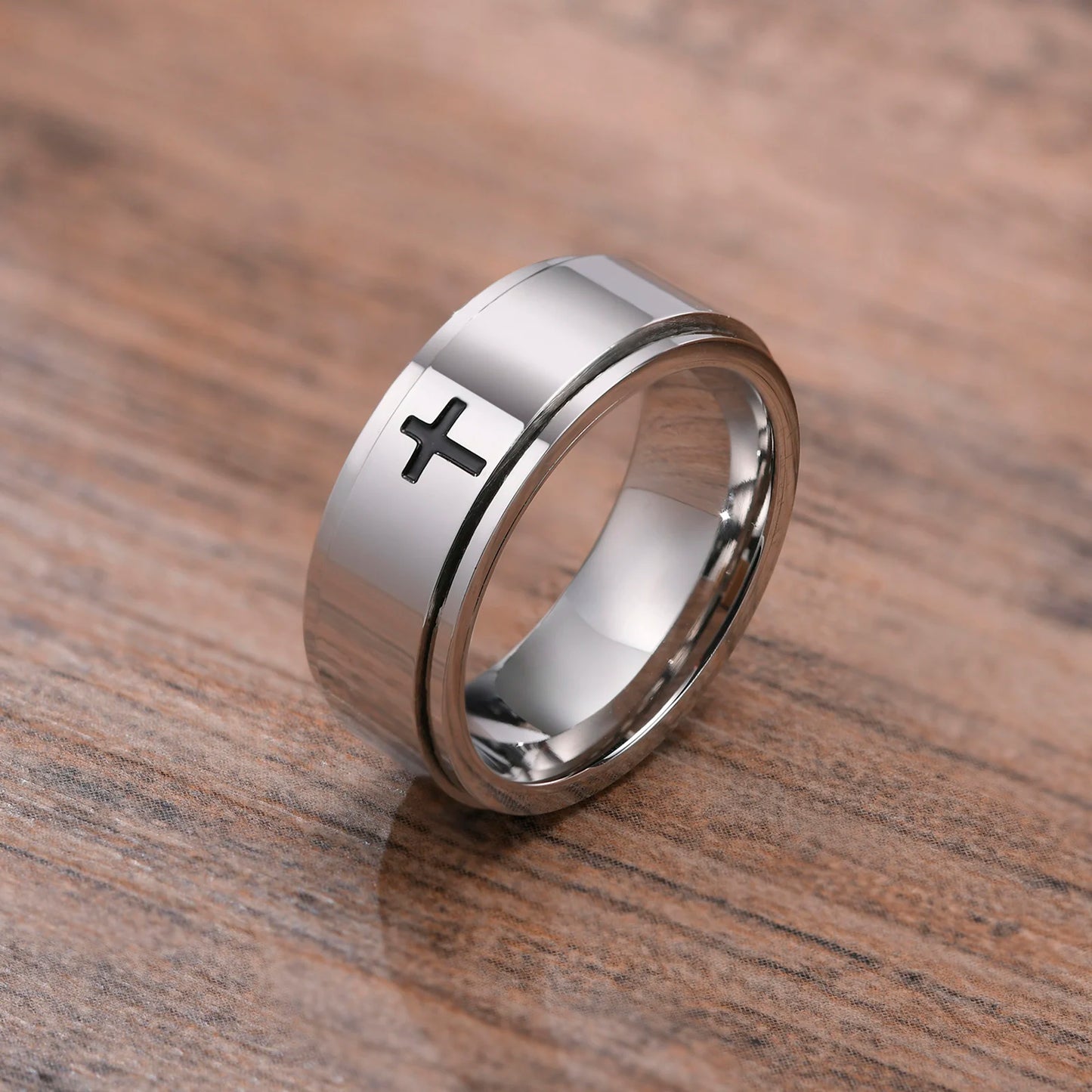Vnox Spinner Kreuzring für Herren, schwarzer Edelstahl drehbarer Stressabbau-Fingerband, Jungen Christus Jesus Religion Ring