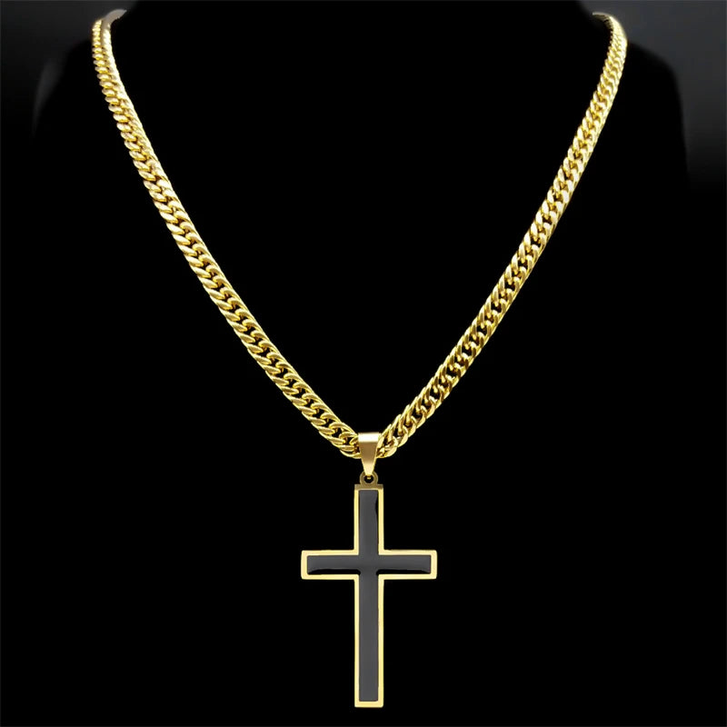 Punk Hip Hop Schwarzes Kreuz Anhänger Halskette für Frauen Männer Edelstahl Goldfarbe Männlich Jesus Christus Kette Schmuck Colar N8236S0