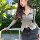 Damen T-Shirt Frühling Herbst Kleidung Gerippter Strick Langarm Kurze Oberteile Reißverschluss Design T-Shirt Sexy Weibliche Schmale Oberteile