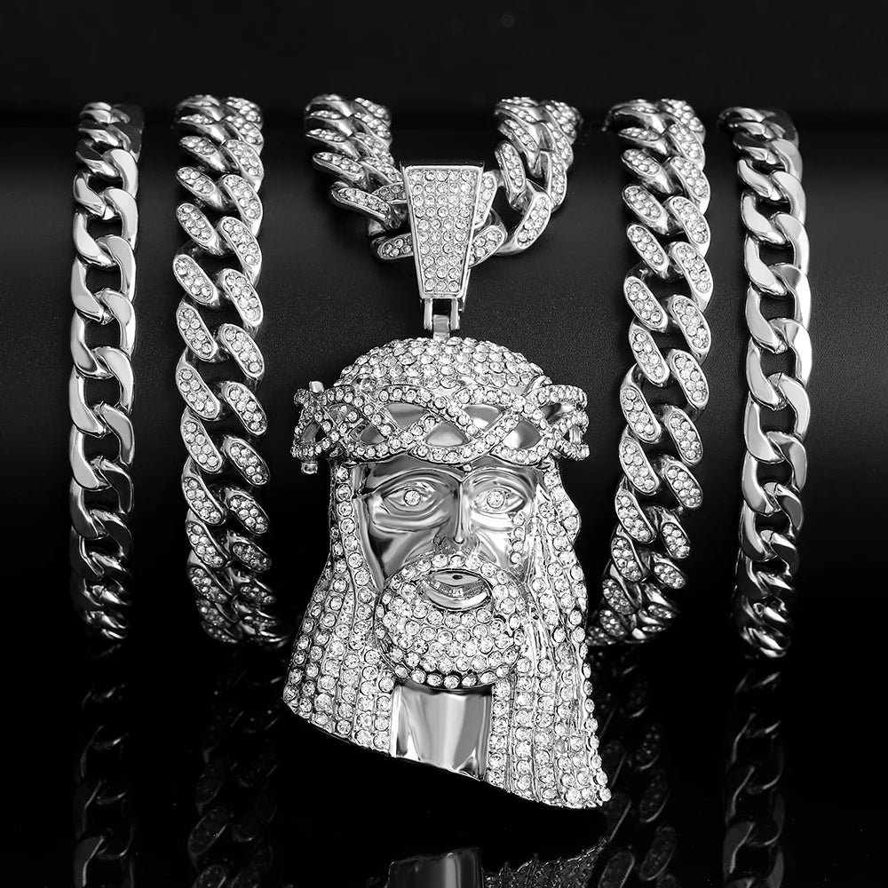 Iced Out Jesus Christus Kopf Anhänger Strass Halskette mit 13mm Miami Cuban Gliederkette Hip Hop Stil für Herren Damen Geschenk
