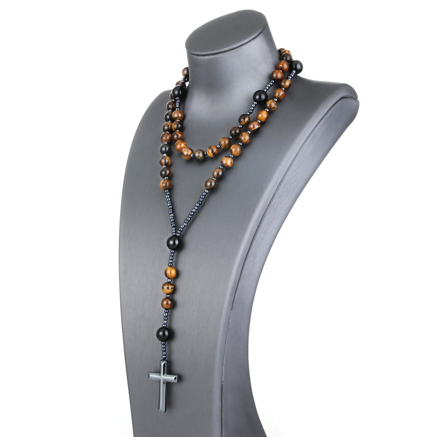Catholic Natural Tiger Eye Stone Black Agate Rosary Beads Necklace Hematite Cross Pendant Necklace Women Men Christ Mala Jewelry
