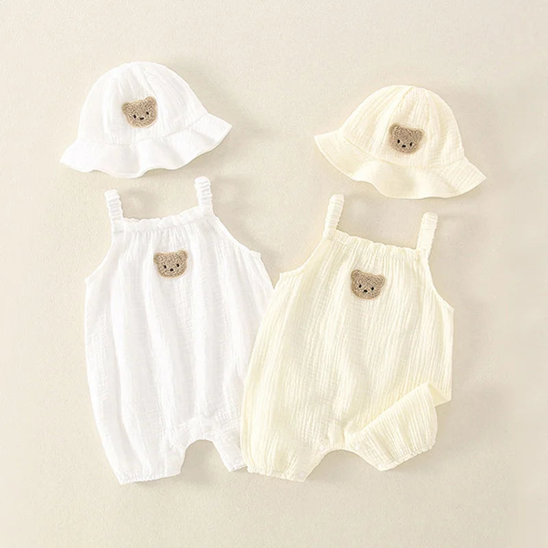 2PCS Summer Baby Clothes Set With Cap Toddler One Piece Cute Bear Sling Romper Fisherman Hat Infant Girl Boy Jumpsuit Outfit