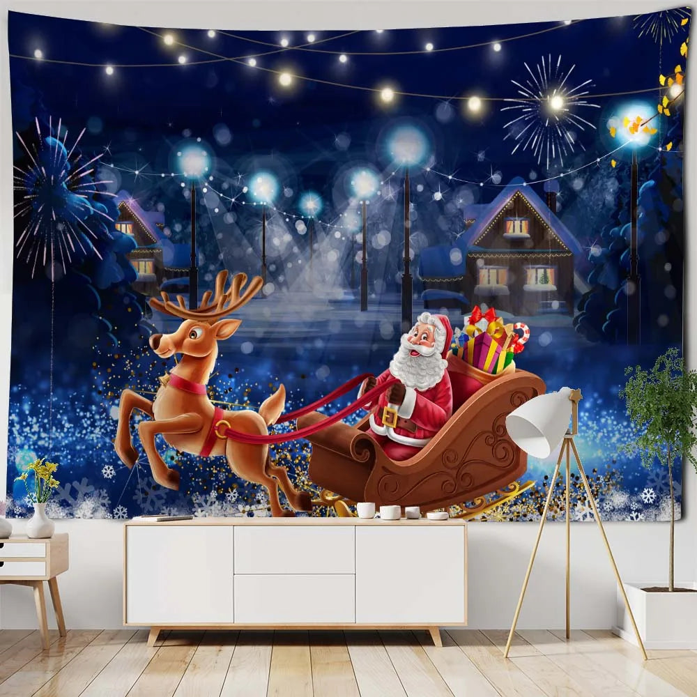 Christmas Tapestry Wall Hanging Winter Night Snowflake Elk Santa Claus Hanging Fireplace Blanket Gift Home Wall Decorations