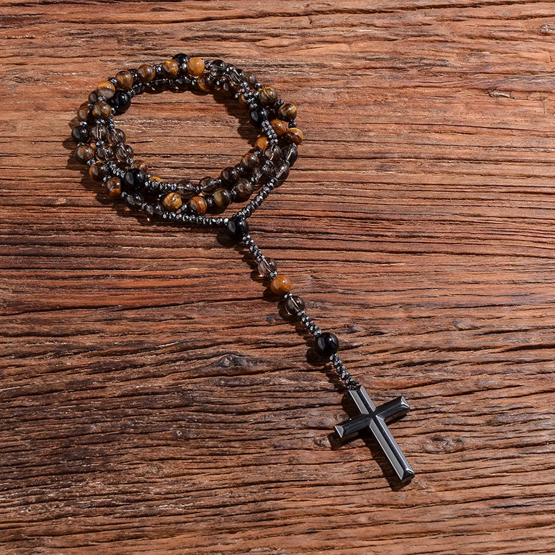 8mm Natursteinperlen Hämatit Kreuzanhänger für Herren Damen Katholische Christus Rosenkranz Kreuzanhänger Halskette Dropshipping