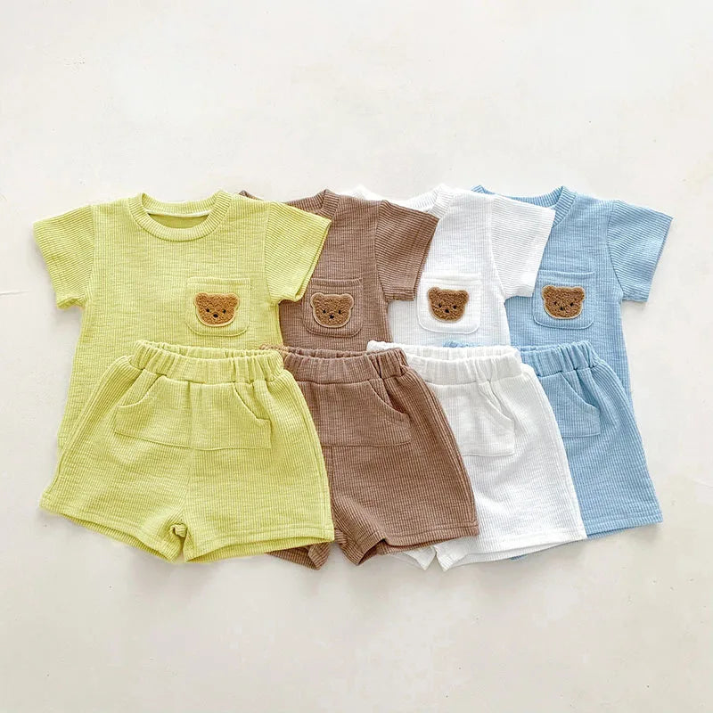 2PCS Summer Baby Clothes Set With Cap Toddler One Piece Cute Bear Sling Romper Fisherman Hat Infant Girl Boy Jumpsuit Outfit