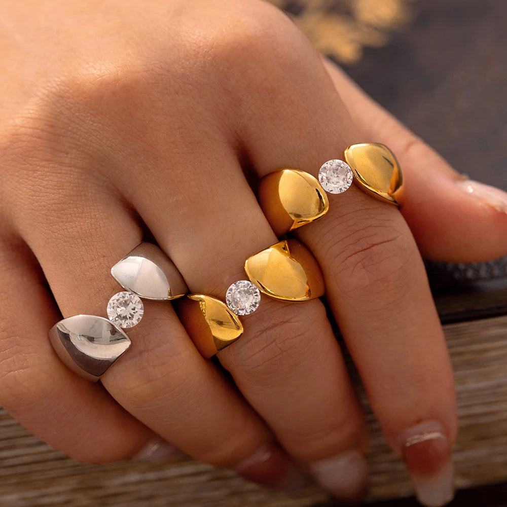 Trendy Stainless Steel Round Rings For Women Zircon Wedding Bands Women Finger Gold Silver Color Chunky Rings Waterproof Jewelry
