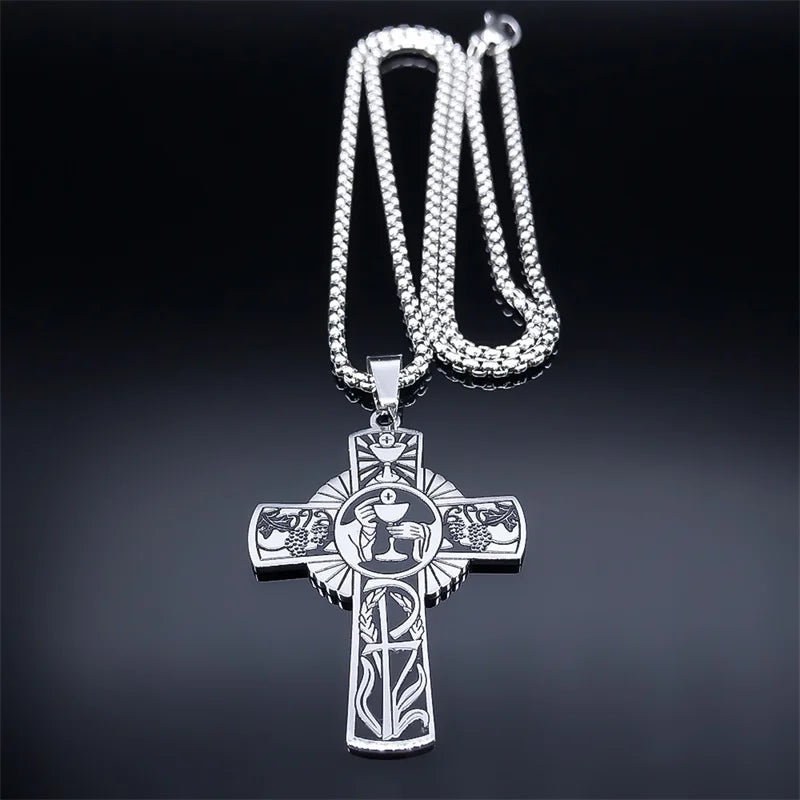 Christian Christus Eucharistie Heiligenschein Traubensaft Kreuz Kette Edelstahl Männer Frauen Katholische Heiliger Geist Kirche Halskette Schmuck