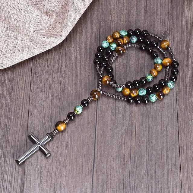 Tiger Eye Stone Bead & Hematite Cross Pendant Necklace for Men Women Catholic Christ Rosary Cross Pendant