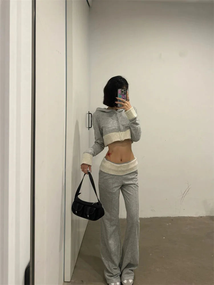 Damen Koreanische Y2k Gyaru Outfits 2-teiliges Set Patchwork Langarm Cropped Hoodie + Lange Freizeithose mit Gummizug im Baggy-Stil