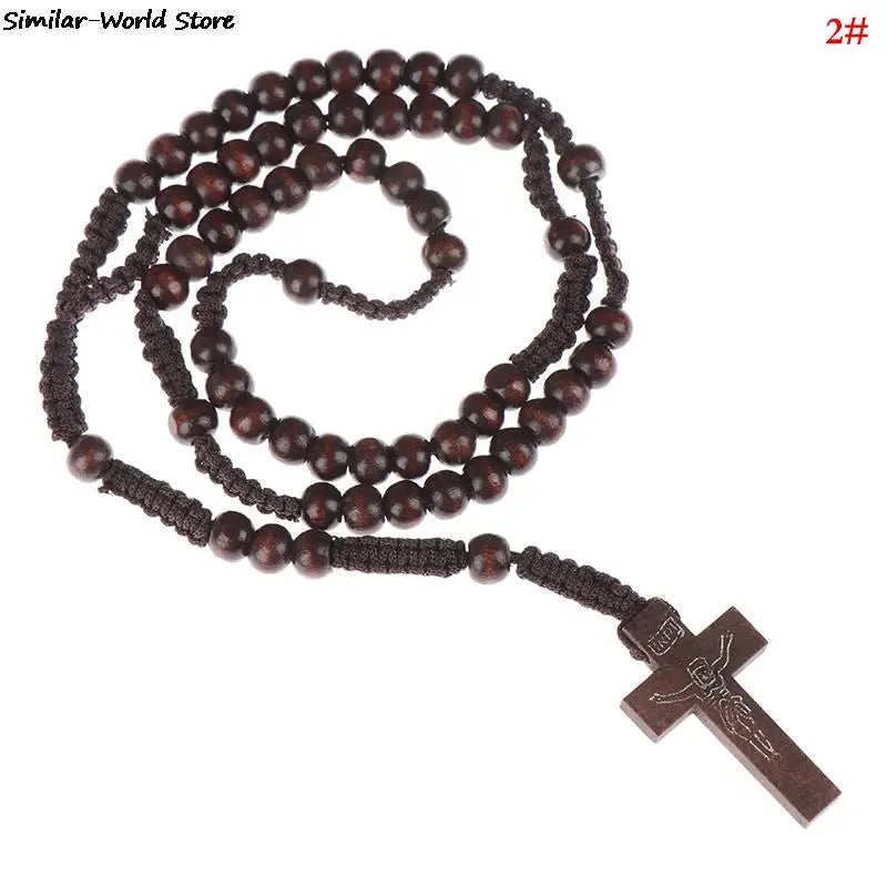Christus Jesus Holzperlen 9mm Rosenkranzperle Kreuz Anhänger Geflochtenes Seil Halskette Religiöse Orthodoxe Gebetskette Schmuck