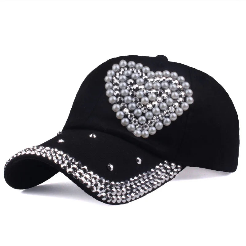 WJ7621 Damen Denimstoff Künstliche Steine Bling Bling Rot I Love Heart Jesus Baumwoll-Baseballkappen Anpassen