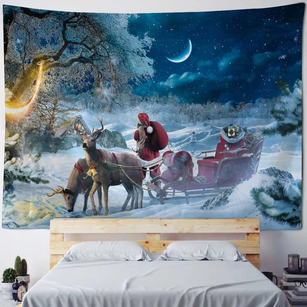 Christmas Tapestry Wall Hanging Winter Night Snowflake Elk Santa Claus Hanging Fireplace Blanket Gift Home Wall Decorations
