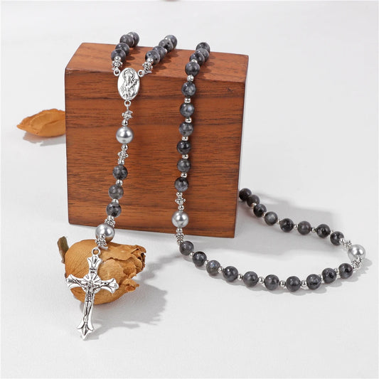 Natur-Labradorit Tigerauge Stein Armband Katholischer Christus Rosenkranz Kreuz Anhänger Armbänder Herren Meditation Gebet Schmuck Geschenk
