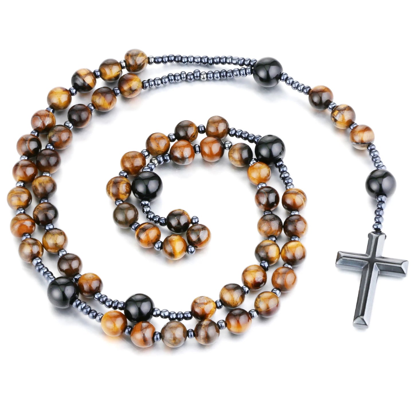 Catholic Natural Tiger Eye Stone Black Agate Rosary Beads Necklace Hematite Cross Pendant Necklace Women Men Christ Mala Jewelry