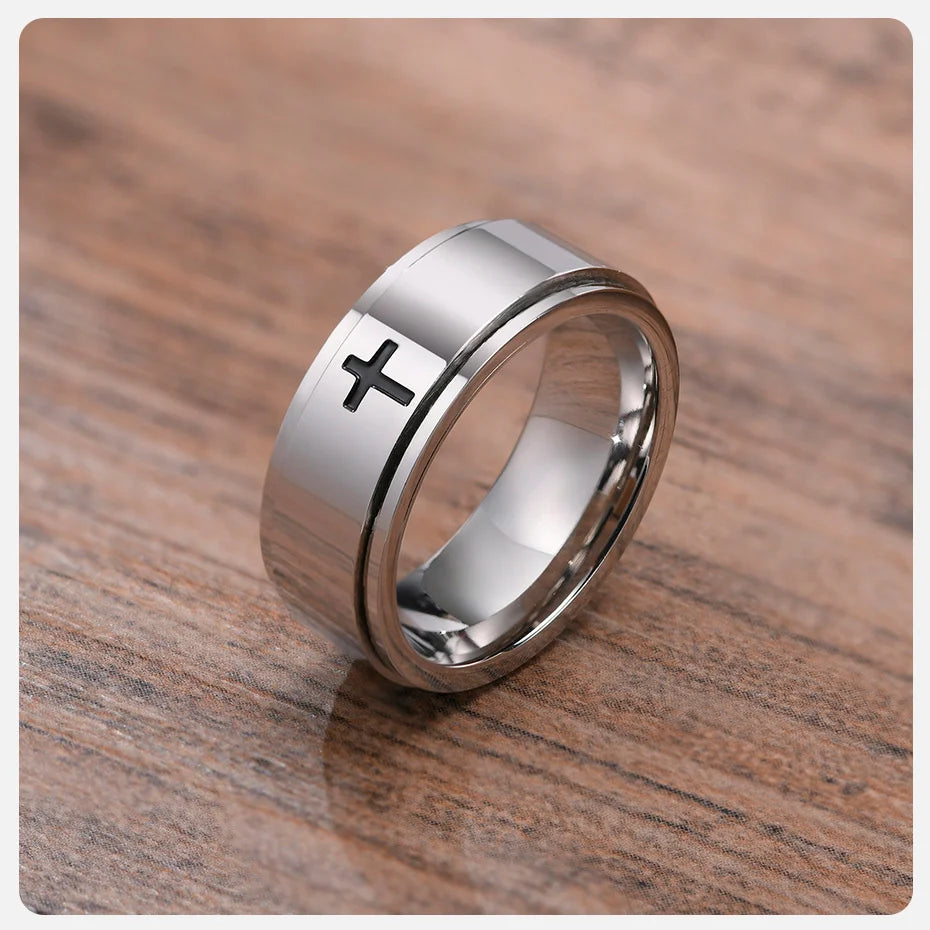 Vnox Spinner Kreuzring für Herren, schwarzer Edelstahl drehbarer Stressabbau-Fingerband, Jungen Christus Jesus Religion Ring
