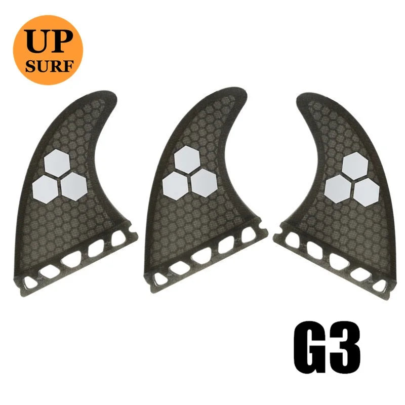 Surfbrett Flossen Set Tri Finnen UPSURF Future S/M/L Honeycomb Fiberglas Orange/Gelb/Blau/Grau/Grün mit schwarzem Logo Funboard Finnen