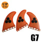 Surfbrett Flossen Set Tri Finnen UPSURF Future S/M/L Honeycomb Fiberglas Orange/Gelb/Blau/Grau/Grün mit schwarzem Logo Funboard Finnen