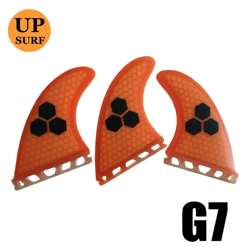 Surfbrett Flossen Set Tri Finnen UPSURF Future S/M/L Honeycomb Fiberglas Orange/Gelb/Blau/Grau/Grün mit schwarzem Logo Funboard Finnen