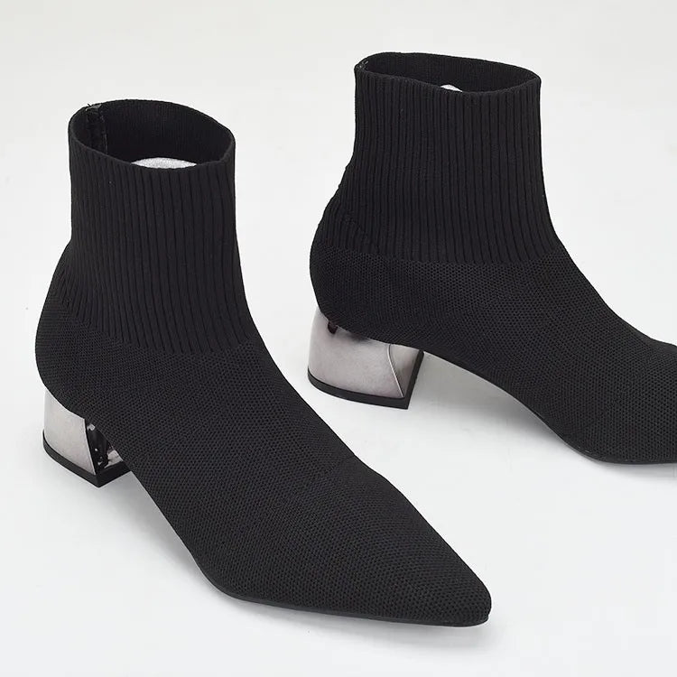Autumn Winter Women's Knit Elastic Socks Boots Pointed Toe Chunky Heel Boots Black Fashion Ankle Chelsea Boots