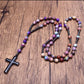 Tiger Eye Stone Bead & Hematite Cross Pendant Necklace for Men Women Catholic Christ Rosary Cross Pendant