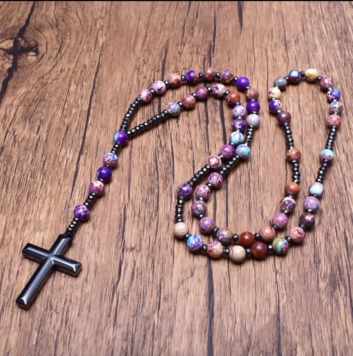 Tiger Eye Stone Bead & Hematite Cross Pendant Necklace for Men Women Catholic Christ Rosary Cross Pendant