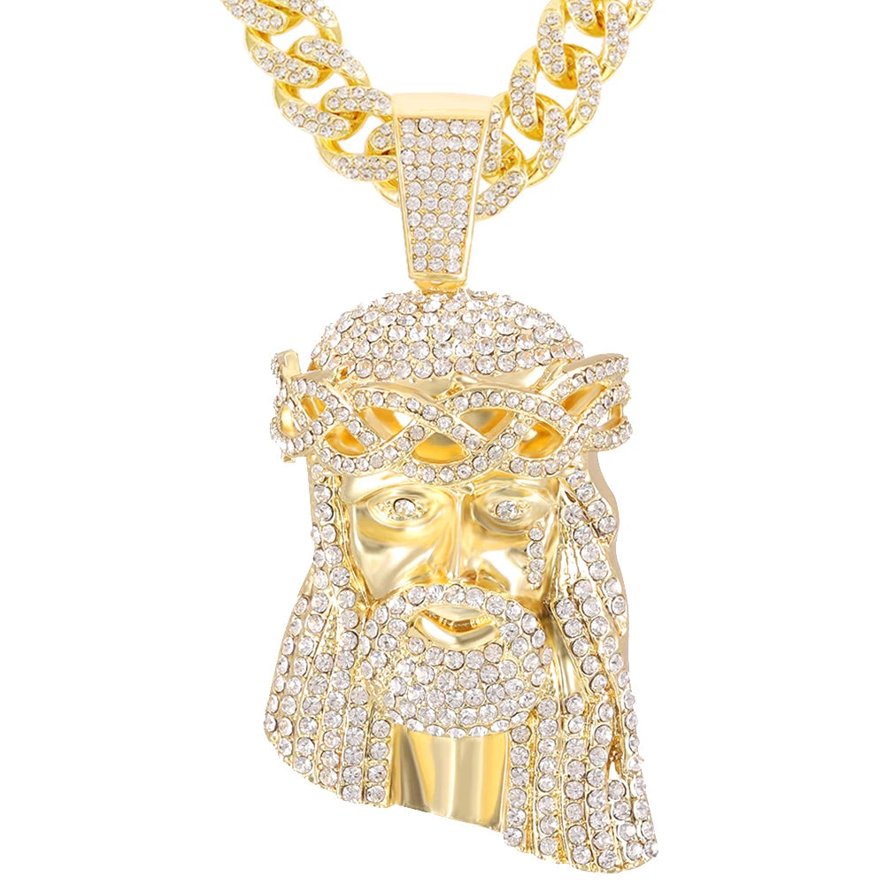 Iced Out Jesus Christus Kopf Anhänger Strass Halskette mit 13mm Miami Cuban Gliederkette Hip Hop Stil für Herren Damen Geschenk