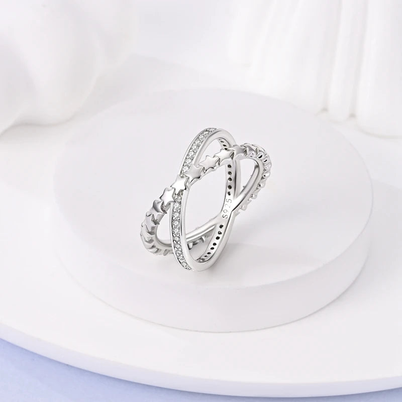 Ringe für Frauen 925 Silberfarbe Zirkon Wickellinie Geometrischer Sternring Verlobung Hochzeit Romantisches Valentinstag Feinschmuck Geschenk