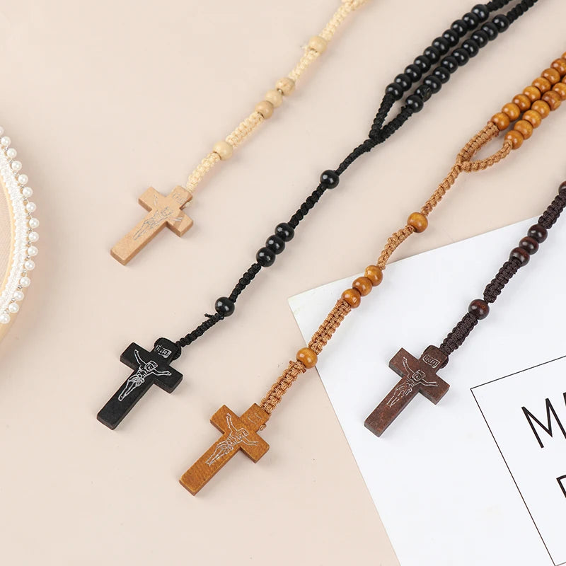 Christus Jesus Holzperlen 8mm Rosenkranz Perle Kreuz Anhänger Geflochtene Seilkette Halskette Religiöse Orthodoxe Gebets Schmuckkette Dekor