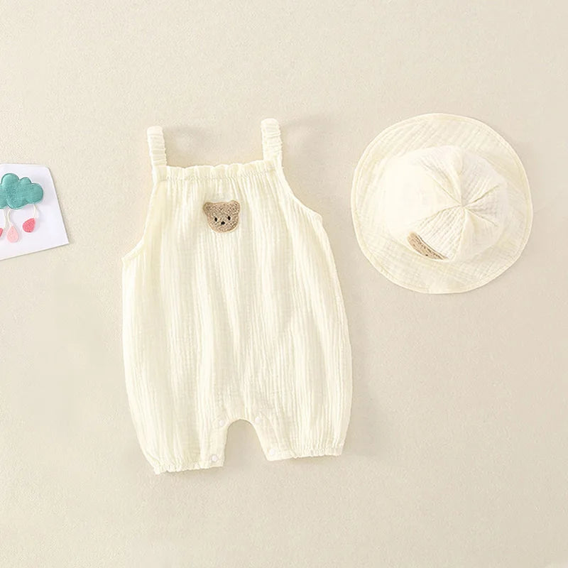 2PCS Summer Baby Clothes Set With Cap Toddler One Piece Cute Bear Sling Romper Fisherman Hat Infant Girl Boy Jumpsuit Outfit