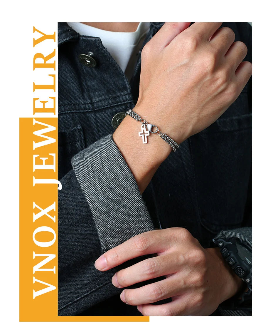Vnox Einfache, geschichtete 3mm Rolo-Kettenarmbänder für Herren, rundes Kettenglied mit Kreuz-Anhänger, Armband, Christusgebet, Vintage-Freizeitgeschenk