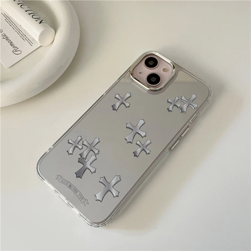 Luxury Makeup Mirror Jesus Christ Cross Phone Case For iPhone 11 13 12 14 Pro Max iPhone 15 pro max cases Cute Hard Back Cover