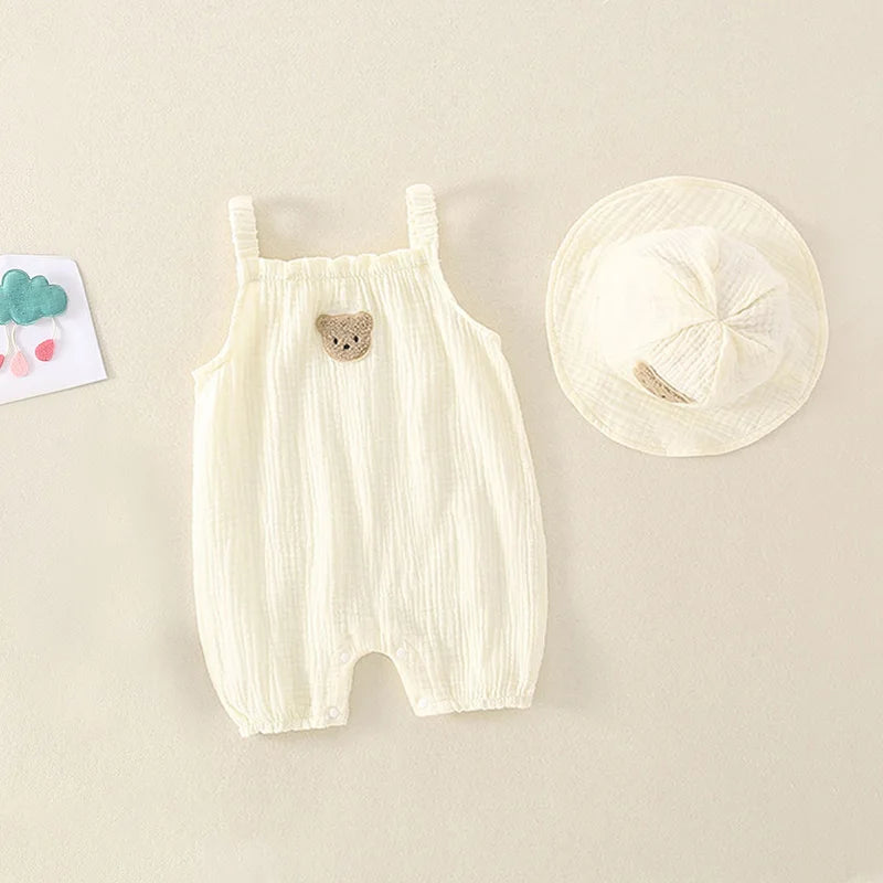 2PCS Summer Baby Clothes Set With Cap Toddler One Piece Cute Bear Sling Romper Fisherman Hat Infant Girl Boy Jumpsuit Outfit