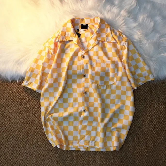 Casual Shirts Women Panelled Plaid Fashion Loose Couples Elegant All-match Summer Blouses Cool Girls Retro Students Chic Unisex
