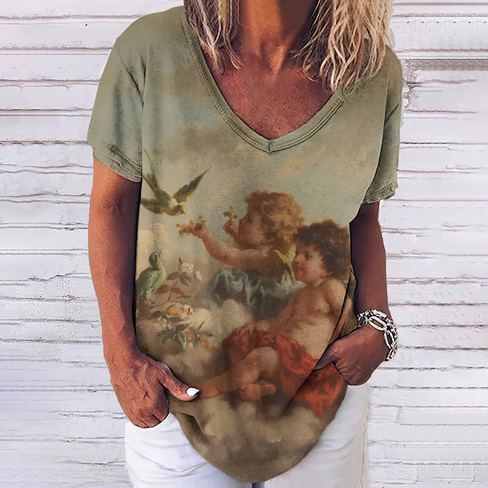 3D Printed T Shirts for Women Summer V-Neck Short Sleeved Tee Vintage Jesus Christ Women's T-Shirt Casual Streetwear Top Shirt