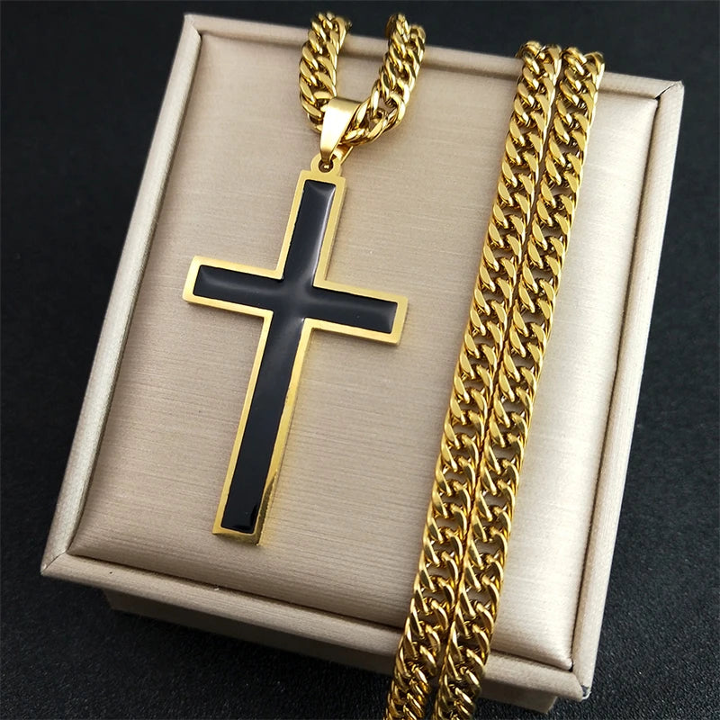 Punk Hip Hop Schwarzes Kreuz Anhänger Halskette für Frauen Männer Edelstahl Goldfarbe Männlich Jesus Christus Kette Schmuck Colar N8236S0