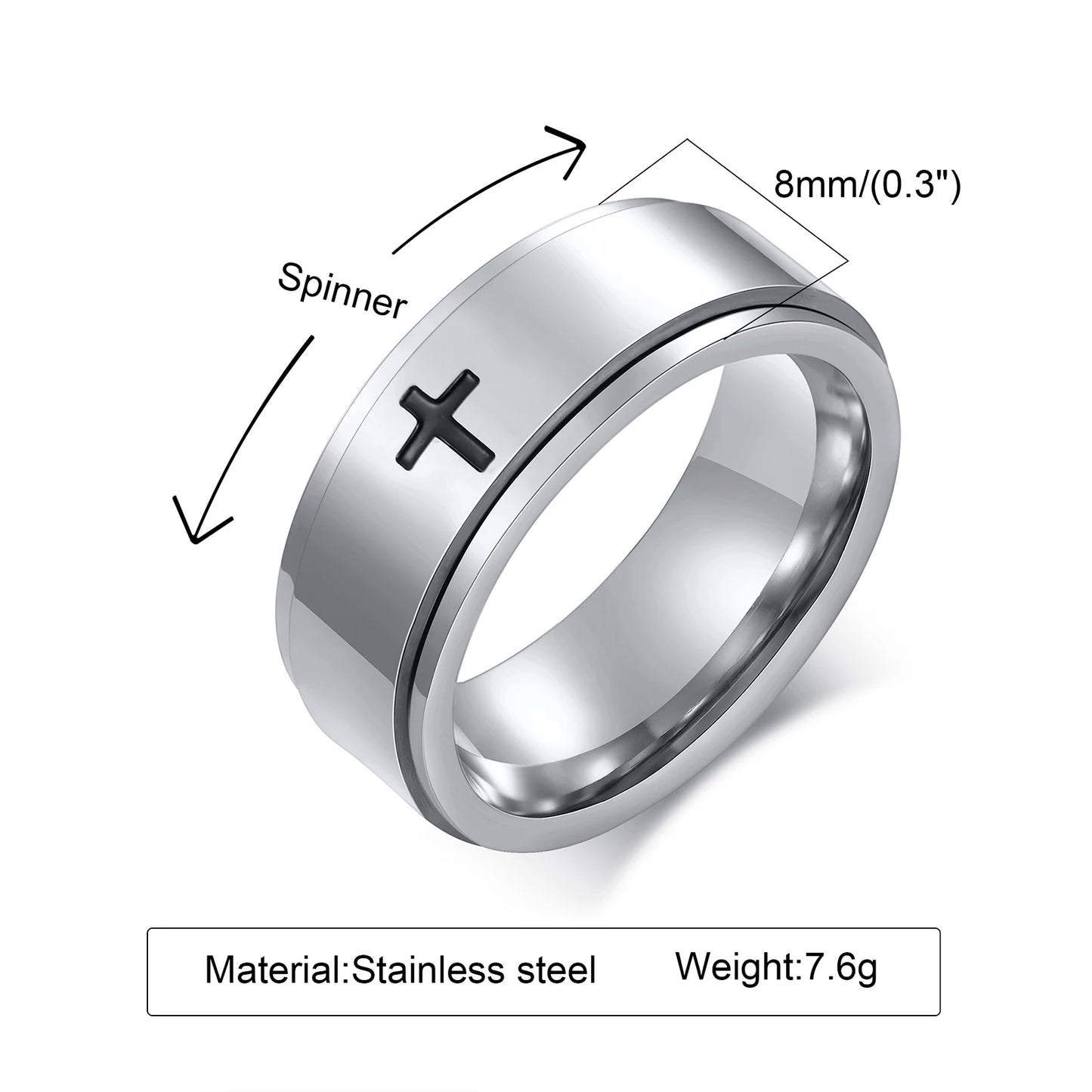 Vnox Spinner Kreuzring für Herren, schwarzer Edelstahl drehbarer Stressabbau-Fingerband, Jungen Christus Jesus Religion Ring