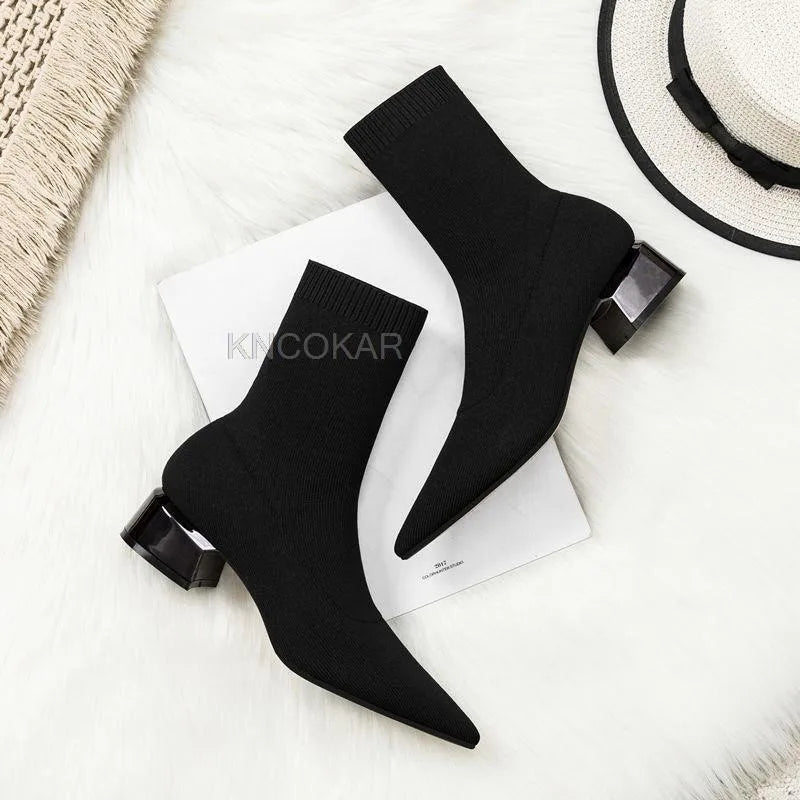 Fashion Women Winter Elastic Sock Ankle Boots Chunky High Heel Stretch Woman Black Sexy Knitted Booties Pointed