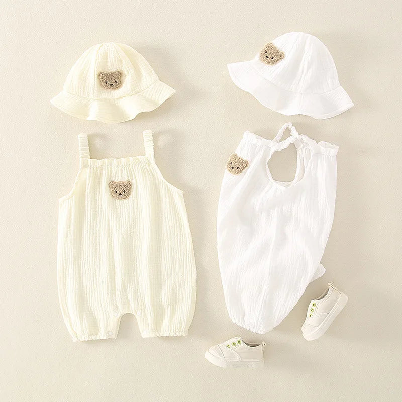 2PCS Summer Baby Clothes Set With Cap Toddler One Piece Cute Bear Sling Romper Fisherman Hat Infant Girl Boy Jumpsuit Outfit