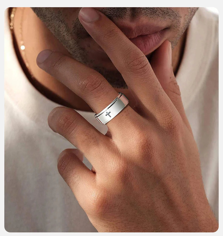 Vnox Spinner Kreuzring für Herren, schwarzer Edelstahl drehbarer Stressabbau-Fingerband, Jungen Christus Jesus Religion Ring