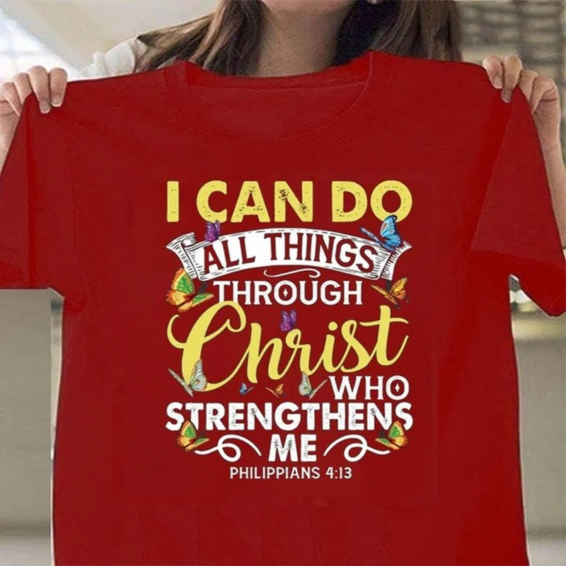 Ich kann alles durch Christus tun, Druck Frauen T-Shirt Kurzarm O-Neck Loose Frauen T-Shirt Damen T-Shirt Camisetas Mujer