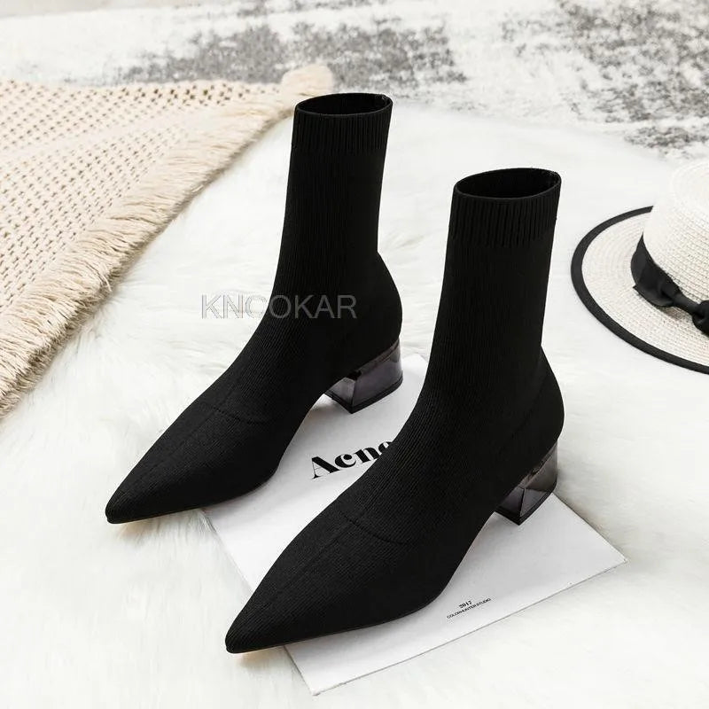 Fashion Women Winter Elastic Sock Ankle Boots Chunky High Heel Stretch Woman Black Sexy Knitted Booties Pointed
