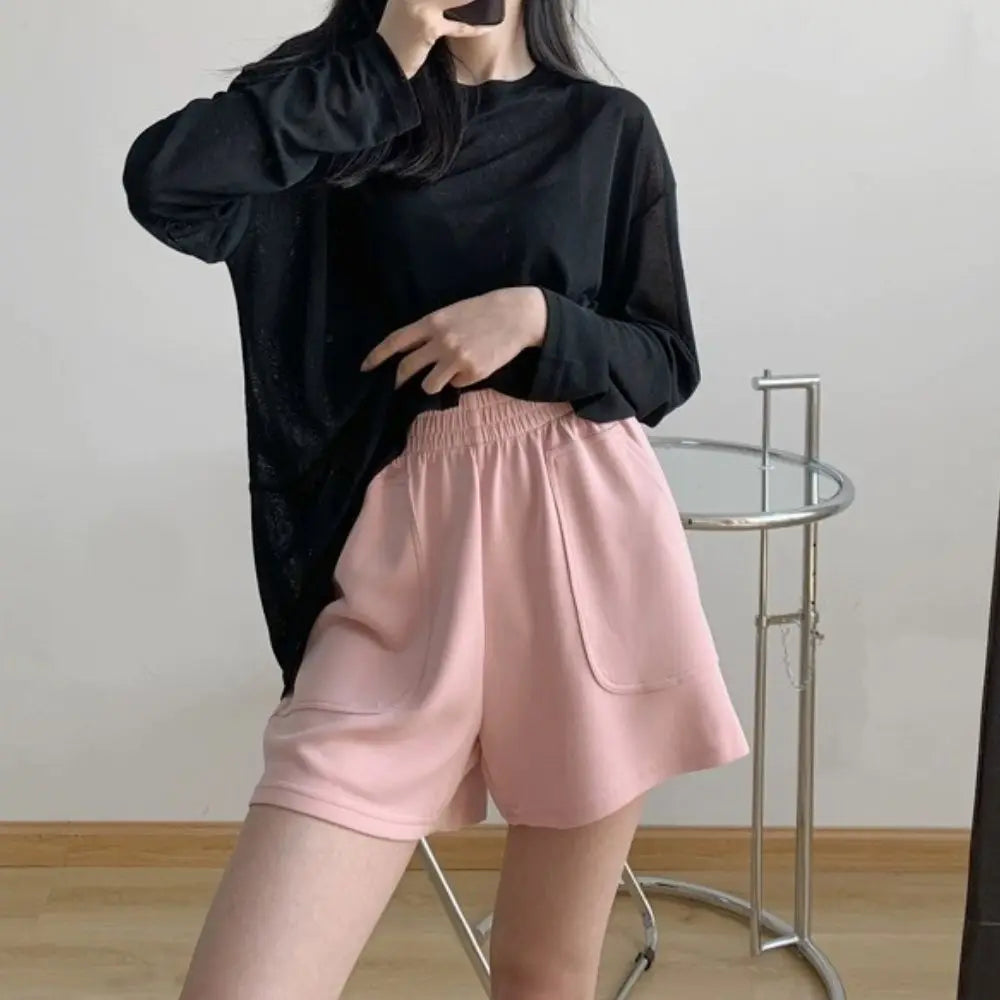 Lässige Damen-Shorts mit hoher Taille, kurze Sporthosen für den Sommer mit Tasche, lose Unterteile für Zuhause, Mädchen-Homewear, weite Sweathose