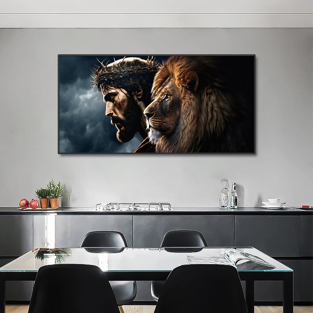 Gott Jesus Christus und Löwengesicht Wandkunst Poster Drucke Abstrakte Leinwandbilder Tierbilder für die moderne Wohnzimmerdekoration