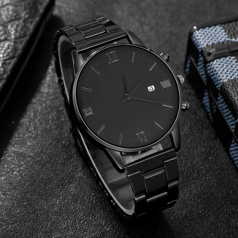 4tlg/Set, Herren schlichte Zeiger runde schwarze Kalender-Quarzuhr und schwarze Kreuz-Anhänger Halskette, Ring, Armband, Geschenk für Ihn
