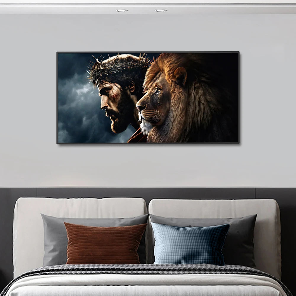 Gott Jesus Christus und Löwengesicht Wandkunst Poster Drucke Abstrakte Leinwandbilder Tierbilder für die moderne Wohnzimmerdekoration