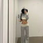 Damen Koreanische Y2k Gyaru Outfits 2-teiliges Set Patchwork Langarm Cropped Hoodie + Lange Freizeithose mit Gummizug im Baggy-Stil
