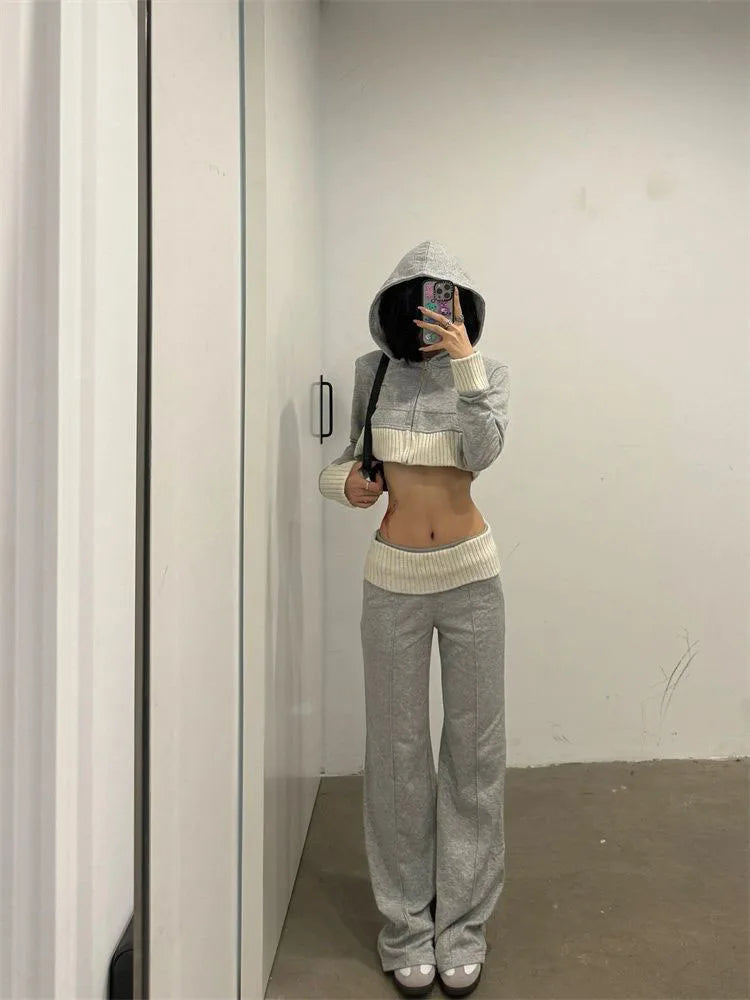 Damen Koreanische Y2k Gyaru Outfits 2-teiliges Set Patchwork Langarm Cropped Hoodie + Lange Freizeithose mit Gummizug im Baggy-Stil