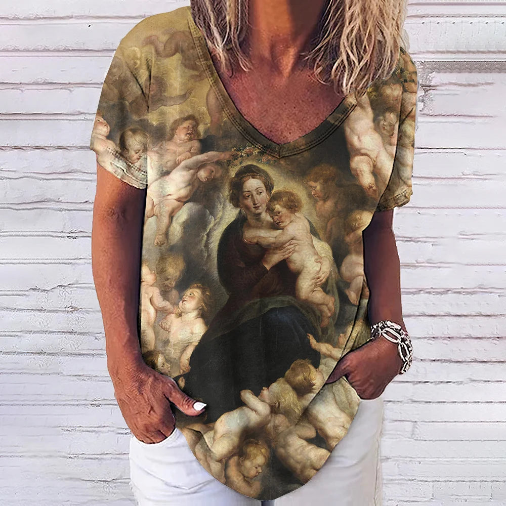 3D Printed T Shirts for Women Summer V-Neck Short Sleeved Tee Vintage Jesus Christ Women's T-Shirt Casual Streetwear Top Shirt