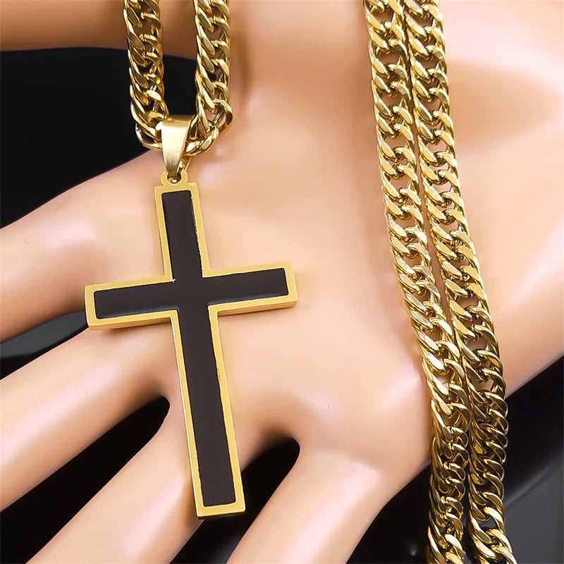 Punk Hip Hop Schwarzes Kreuz Anhänger Halskette für Frauen Männer Edelstahl Goldfarbe Männlich Jesus Christus Kette Schmuck Colar N8236S0