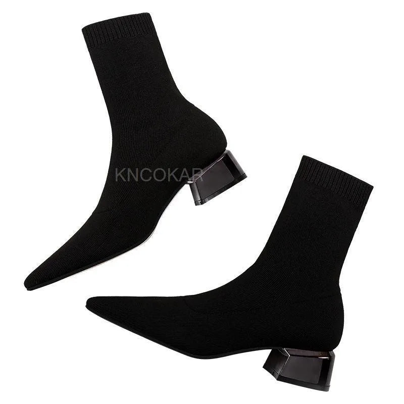 Fashion Women Winter Elastic Sock Ankle Boots Chunky High Heel Stretch Woman Black Sexy Knitted Booties Pointed